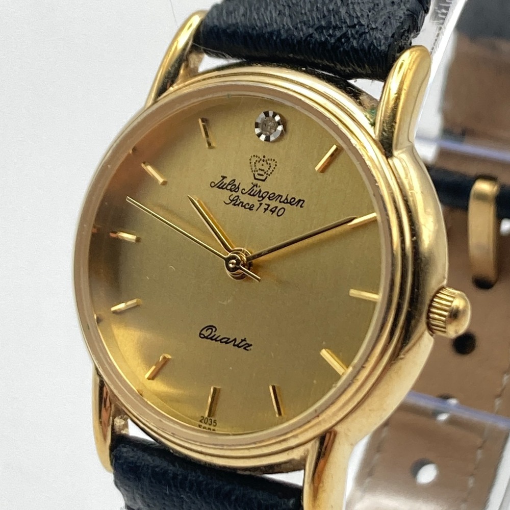 Vintage Jules Jurgensen Womens Watch Gold Tone 27mm Black Leather New Battery 8"